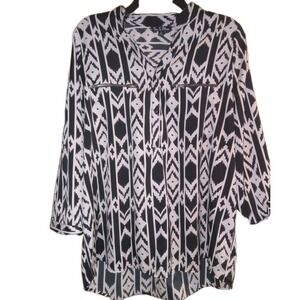 SZ 1X Time To Bloom Blouse Black  White 3/4 Roll‎ Tab Sleeve AZTEC TRIBAL BOHO